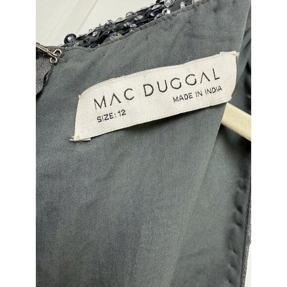 NWT Mac Duggal Size 12 Gray Sequined Cap Sleeve Wrap Over Cocktail Midi Dress - Picture 9 of 13